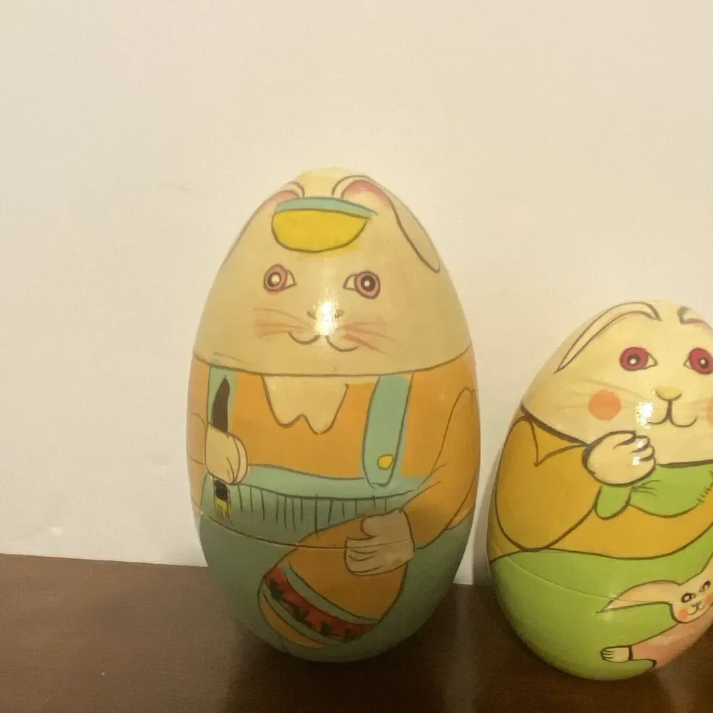 Vintage Easter Bunny Wooden Nesting Eggs 4 Pc Set Russian Matryoshka Doll Style